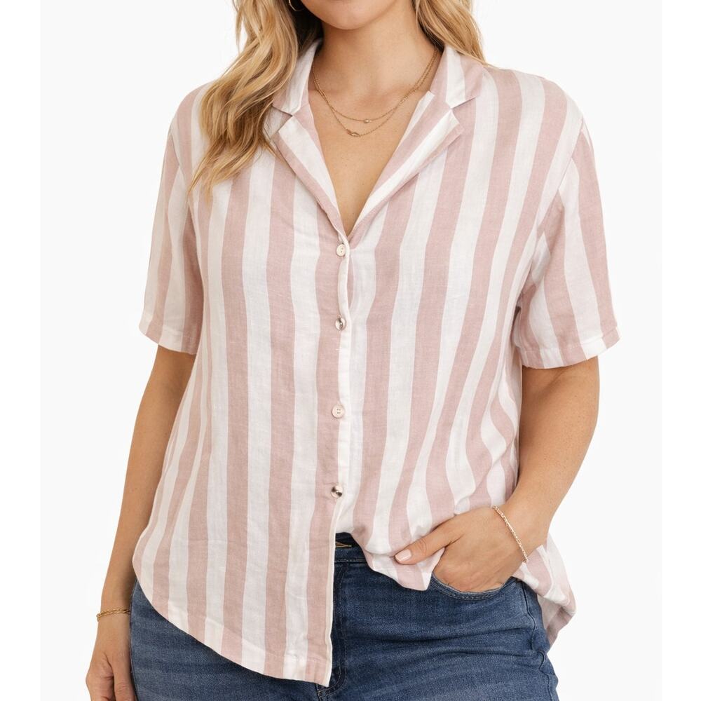 Sincerely Jules Pink and White Striped Button-Front Short Sleeve Blouse